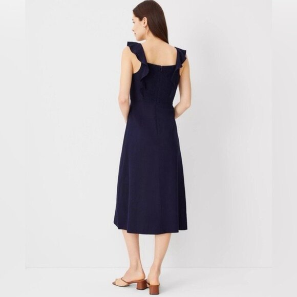 Ann Taylor Navy Linen Blend Scoop Flutter Sleeve Midi Dress 12 P - Picture 6 of 13